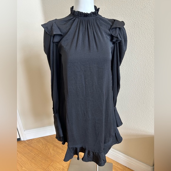 Zadig & Voltaire NWT Black Ruins Satin Mini Dress Small Open Back Ruffles New - Picture 1 of 10